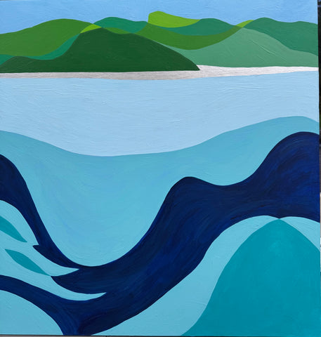 Artistic depiction of an Okanagan landscape with green hills and blue water.